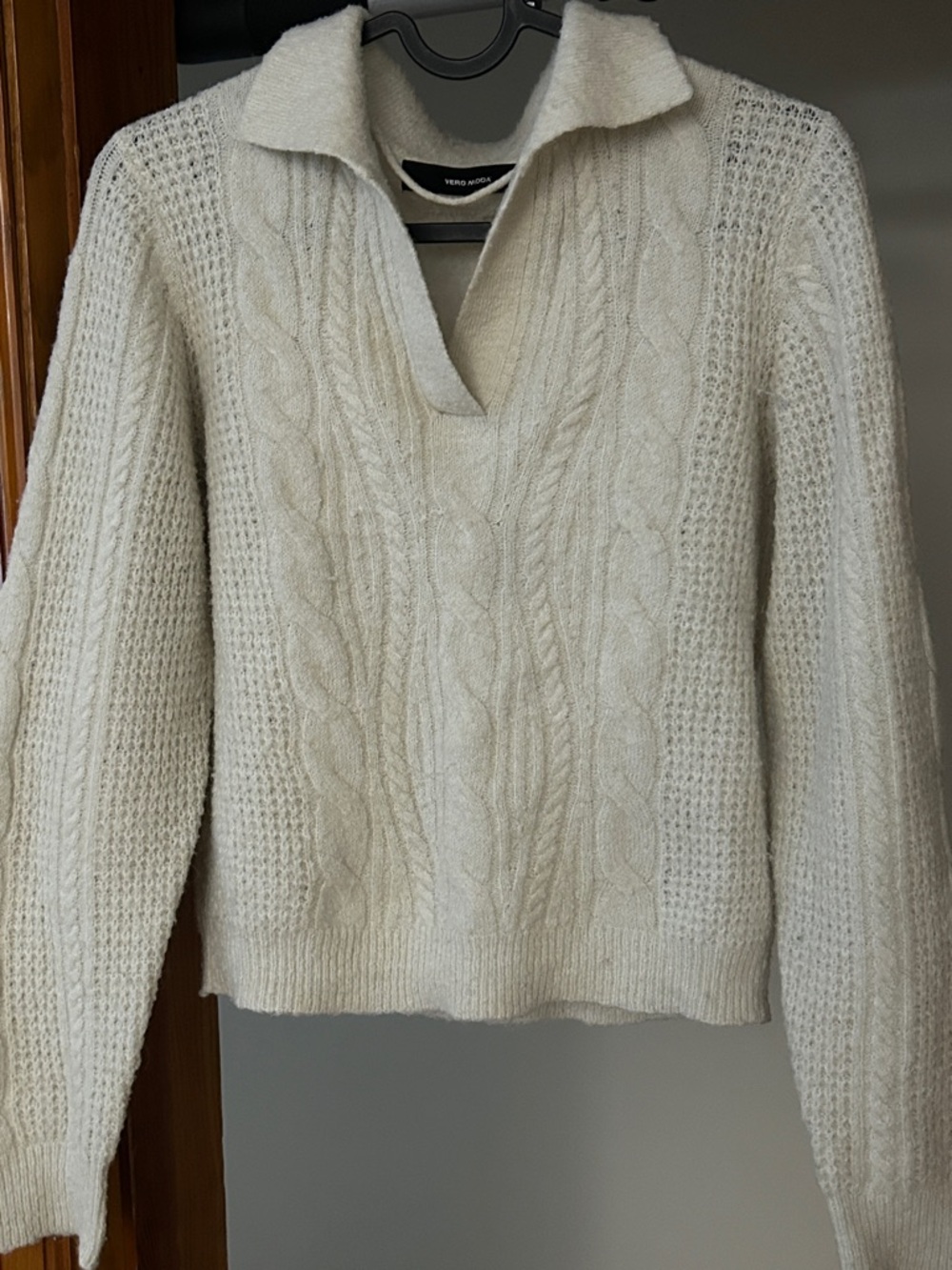 Vero Moda Cream Cable-Knit V-Neck Polo Sweater